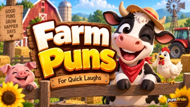 Colorful farm puns thumbnail with bold 3D title, smiling farm animal mascots, and a sunny farm background.