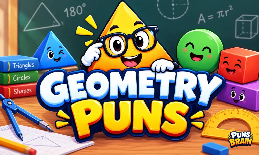 Geometry puns thumbnail with a cheerful triangle mascot and bold 3D geometry puns text