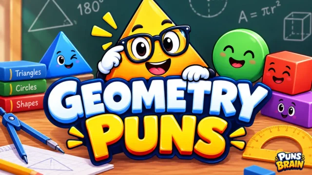 Geometry puns thumbnail with a cheerful triangle mascot and bold 3D geometry puns text