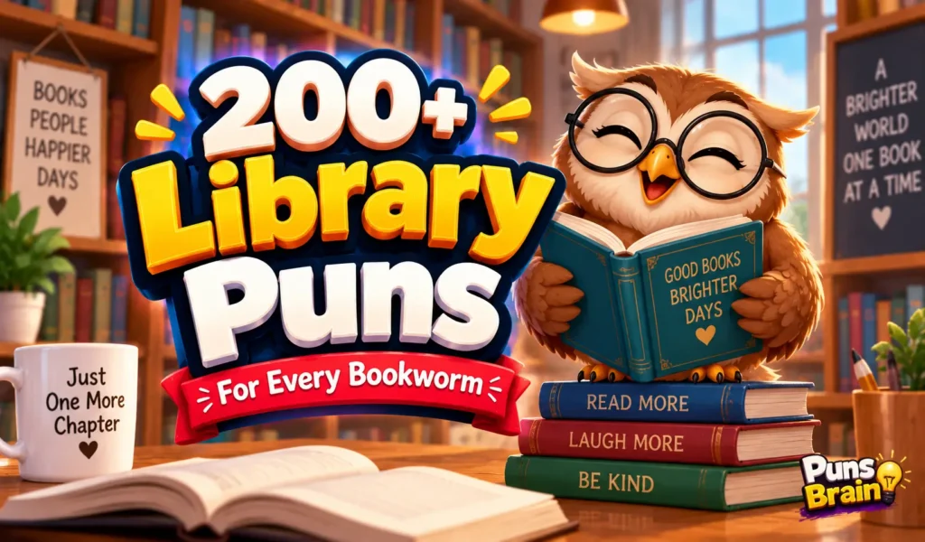 Colorful library puns thumbnail with bold 3D text, a smiling owl reading a book, and Puns Brain branding.
