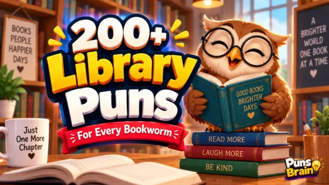 Colorful library puns thumbnail with bold 3D text, a smiling owl reading a book, and Puns Brain branding.
