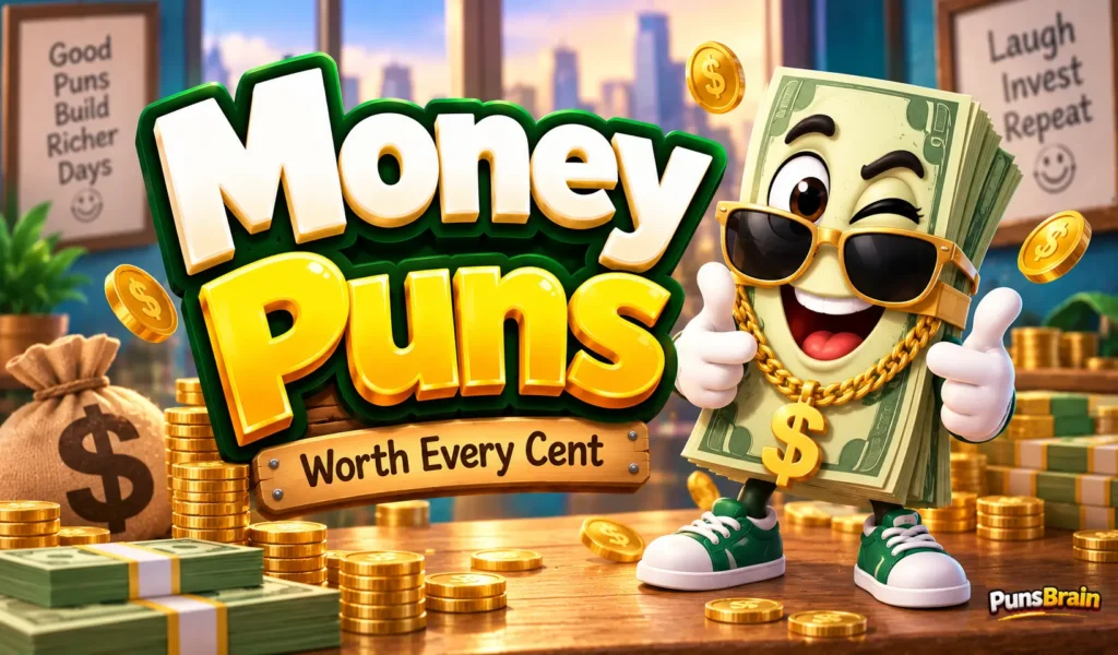 Colorful money puns thumbnail with bold 3D title, smiling cash mascot, and coins on a finance-themed background.