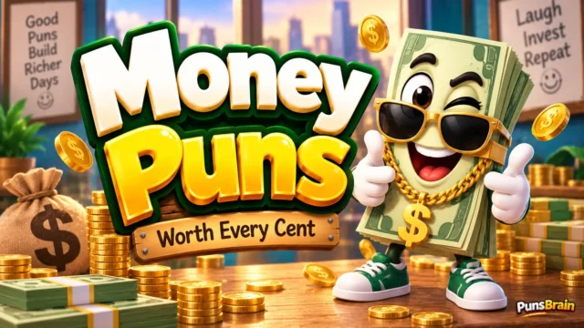 Colorful money puns thumbnail with bold 3D title, smiling cash mascot, and coins on a finance-themed background.