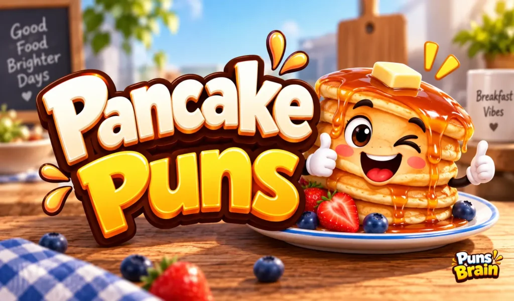 Pancake puns thumbnail with a smiling syrup-covered pancake stack and bold 3D text
