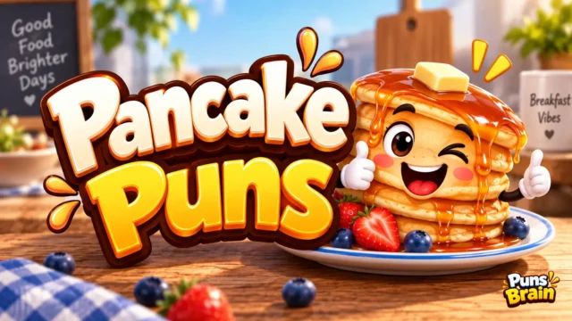 Pancake puns thumbnail with a smiling syrup-covered pancake stack and bold 3D text