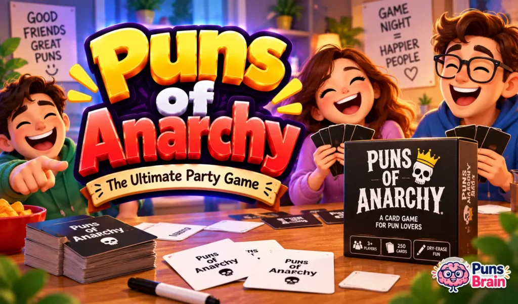 Puns of Anarchy party game with friends, cards, and bold 3D typography