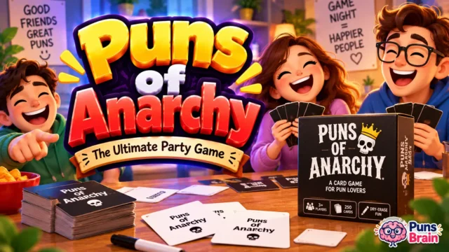 Puns of Anarchy party game with friends, cards, and bold 3D typography
