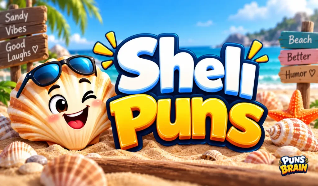 Shell puns thumbnail with a cheerful cartoon seashell, beach scene, and bold 3D text