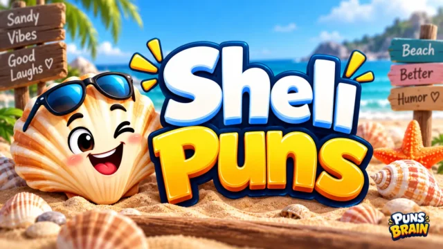 Shell puns thumbnail with a cheerful cartoon seashell, beach scene, and bold 3D text