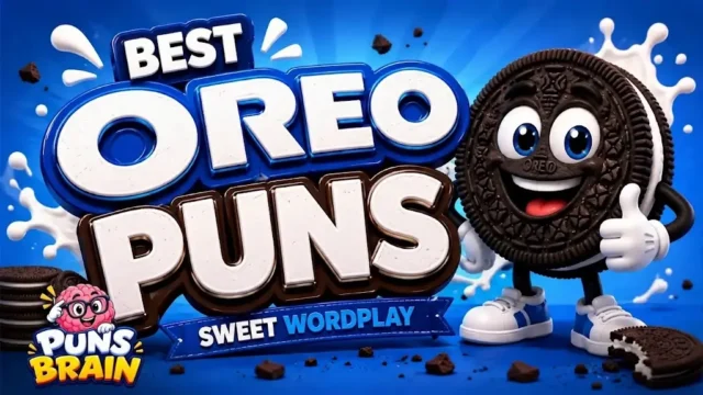 A happy 3D cartoon Oreo cookie giving a thumbs up next to the text "Best Oreo Puns - Sweet Wordplay" against a blue background with milk splashes.
