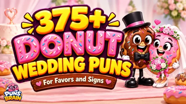 Donut wedding puns thumbnail featuring 375+ in colorful 3D text and smiling donut bride and groom characters.