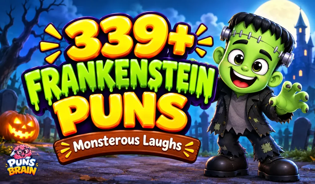 Frankenstein puns thumbnail with 339+ bold 3D text, a smiling green monster, and a spooky Halloween background.