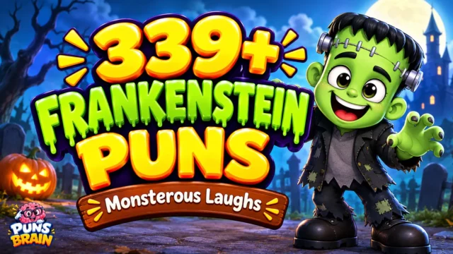 Frankenstein puns thumbnail with 339+ bold 3D text, a smiling green monster, and a spooky Halloween background.