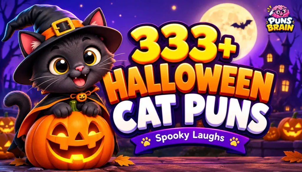 Halloween cat puns thumbnail with a cute black cat in a witch hat, pumpkins, and bold Halloween lettering.