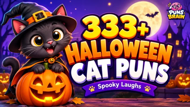 Halloween cat puns thumbnail with a cute black cat in a witch hat, pumpkins, and bold Halloween lettering.