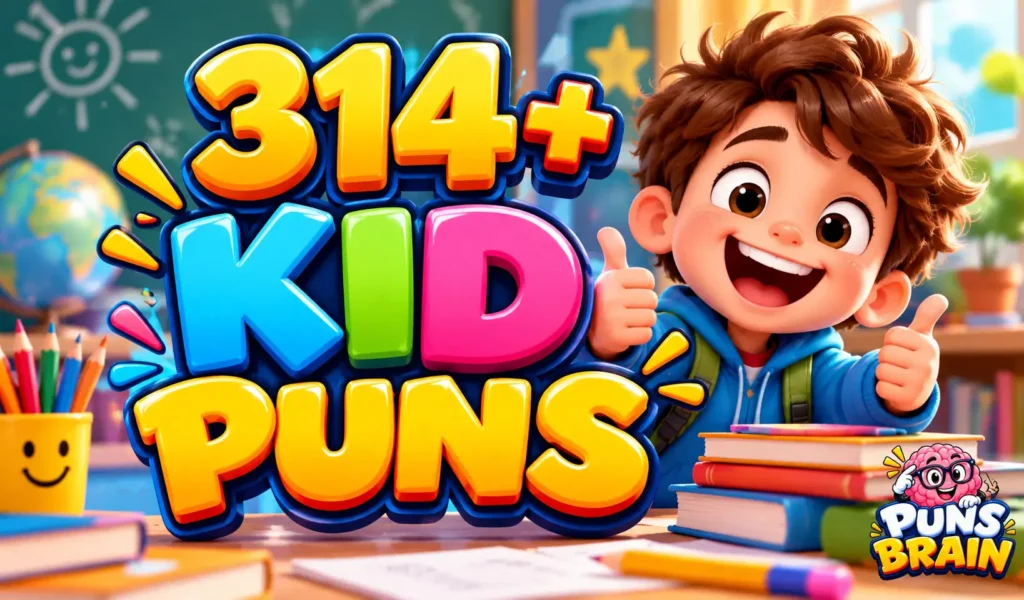 Kid puns thumbnail featuring 314+ kid puns in colorful 3D text and a cheerful cartoon child.