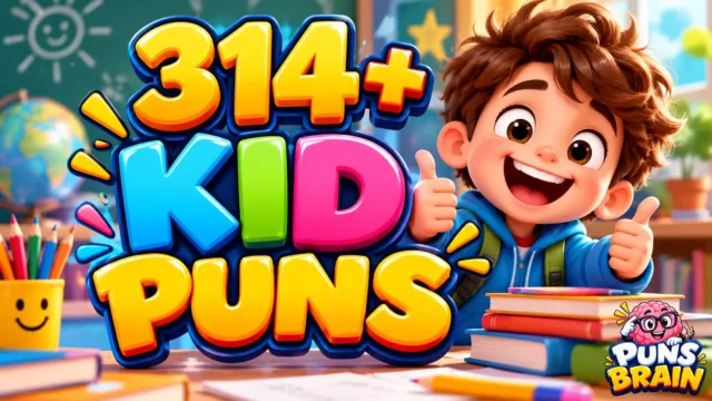 Kid puns thumbnail featuring 314+ kid puns in colorful 3D text and a cheerful cartoon child.