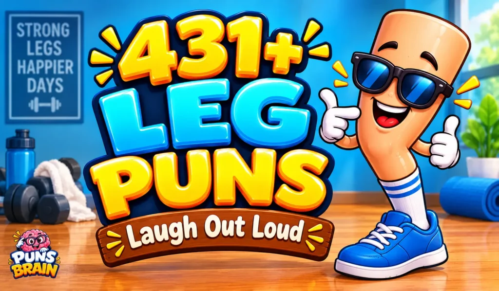 Leg puns thumbnail featuring 431+ in bold 3D text and a smiling cartoon leg wearing sunglasses and a blue sneaker.