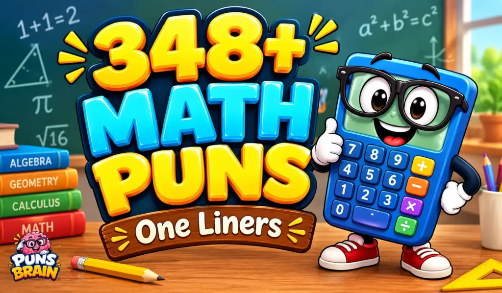 Math puns one liners thumbnail with 348+ bold 3D text and a smiling calculator mascot wearing glasses.