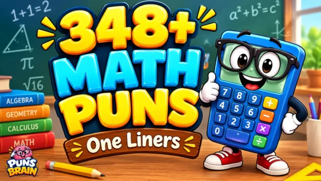 Math puns one liners thumbnail with 348+ bold 3D text and a smiling calculator mascot wearing glasses.
