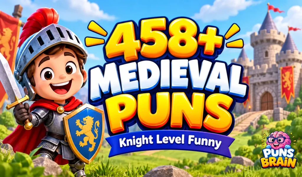 Medieval puns thumbnail featuring 458+ medieval puns, a cheerful cartoon knight, and a medieval castle.