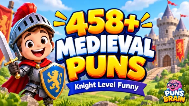 Medieval puns thumbnail featuring 458+ medieval puns, a cheerful cartoon knight, and a medieval castle.