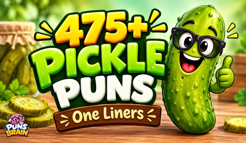 Pickle puns one liners thumbnail with 475+ in bold 3D text and a smiling cartoon pickle wearing glasses.