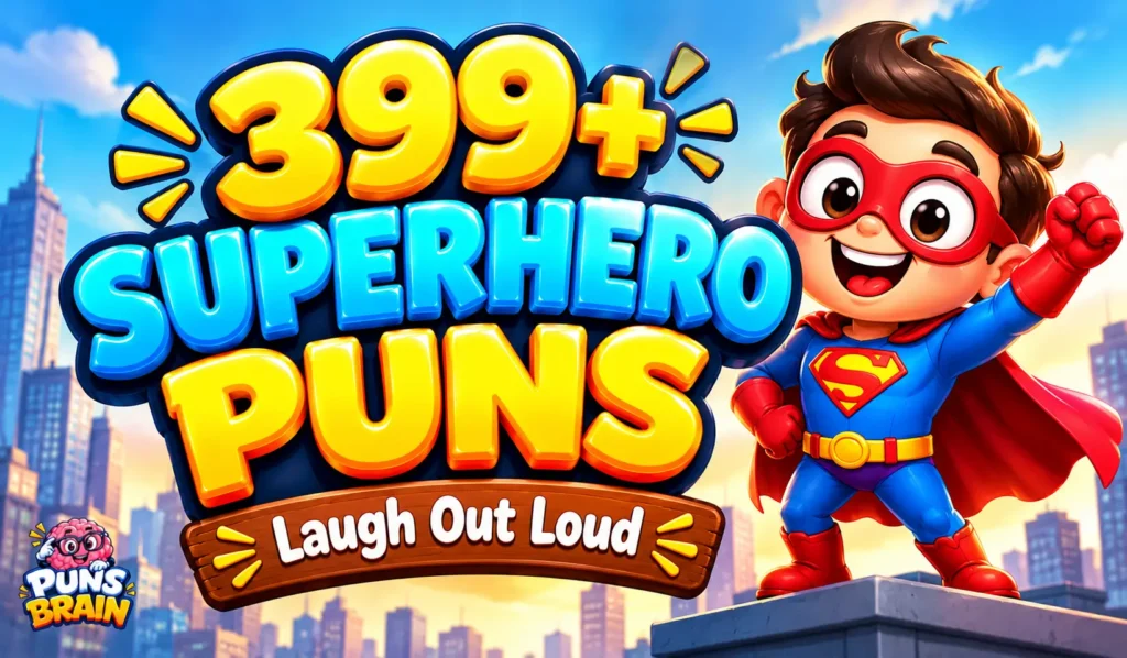 Superhero puns thumbnail featuring 399+ in bold 3D text and a cheerful cartoon superhero in a blue suit and red cape.