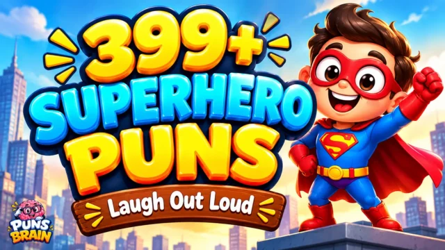 Superhero puns thumbnail featuring 399+ in bold 3D text and a cheerful cartoon superhero in a blue suit and red cape.